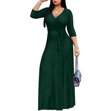 FANDEE Women's 2025 Maxi Dress - Solid Color Bohemian Summer Long Maxi Dress V-Neck 3/4 Sleeve Green XL - Image 2