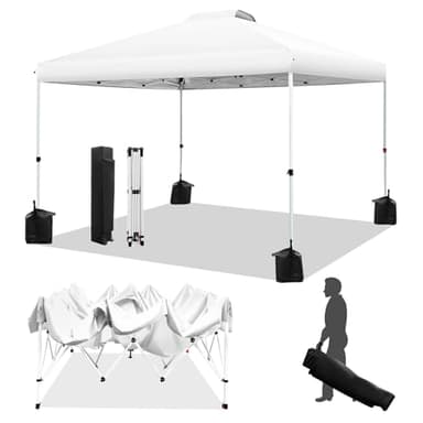 WEIZE Pop up Canopy Tent 10x10ft, 1-Button Push Setup, Instant Portable Shelter, Adjustable Height, Portable Roller Bag, 4 Weight Bags, Guy Ropes & Stakes Included, White - Image 1