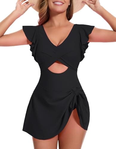 MFAVIP Women One Piece Swim Dress Tummy Control Swimsuits V Neck Ruffle Bathing Suit Cutout Wrap Side Tie Swimwear with Skirt Black - Image 1