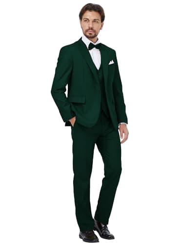 MAGE MALE Mens 3 Piece Suits Slim Fit Tuxedo Suit Set Soild Prom Wedding Suits One Button Blazer Vest Pants Set with Bow Tie Dark Green - Image 2