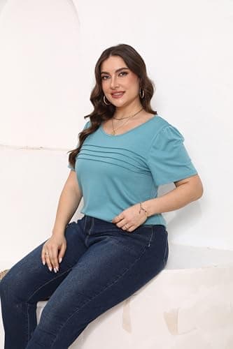 Plus Size T Shirts for Women Summer Short Flare Sleeve Pleated Dressy Casual Scooped Neck Summer Tops Blouses 3X Turquoise - Image 9