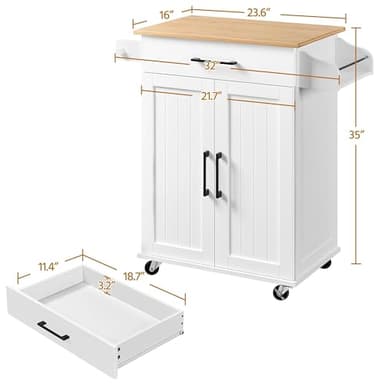 Yaheetech Kitchen Cart with Bamboo Tabletop, 32" Width Rolling Kitchen Island with Drawer and Adjustable Shelf, Storage Cabinet with Spice Rack Towel Bar for Dining Room Kitchen Living Room, White - Image 2