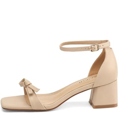 TEAIEUI Women's Heeled Sandals Strappy Low Block Heels Chunky for Women Comfortable Ankle Strap Open Toe Party Wedding Dress Shoes for Women Dressy Apricot Bow 8 - Image 3