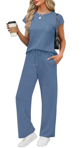 WIHOLL 2 Piece Sets for Women Summer 2025 Lounge Sets Country Concert Outfits Business Casual Matching Sets Women Clothing Wide Leg Pants Pajama Sets Conjuntos De 2 Piezas Para Mujer Blue XL - Image 1