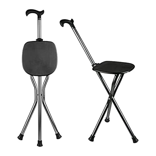 Hold 440 lbs Walking Cane Seat Folding Stick Height Adjustment 440 lbs Capacity Cane with Seat Tripod Stool Hiking Walking Massage Square Black - Image 1