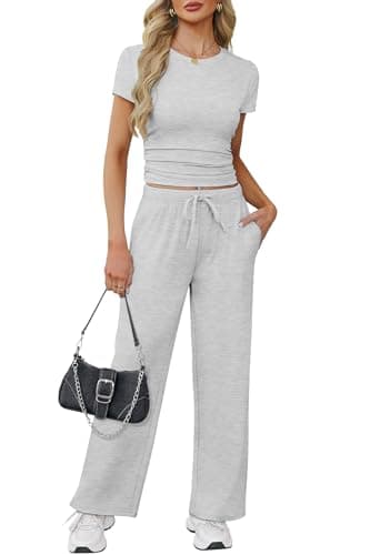 WIHOLL Matching Sets Women Clothing Summer Going Out Resort Wear Vacation Outfits 2 Piece Athleisure 2025 Petite Lounge Sets Short Sleeve Crewneck Spring Break Sweatsuits Light Grey S - Image 1