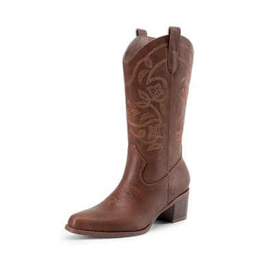 DREAM PAIRS Cowboy Boots for Women Cowgirl Western Boots Fashion Embroidery Stitched Chunky Heel Mid Calf Boots,Size 7,Brown-Pu,DWUMMB2504 - Image 1