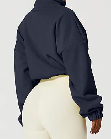 QINSEN Women's Full Zip Fleece Jacket Stand Collar Winter Warm Cropped Outwear Baggy Sherpa Short Coat Navy M - Image 3