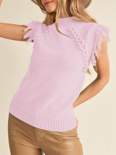 Saodimallsu Womens Mock Neck Sleeveless Sweater Vest Cable Knit Fringe Cap Sleeve Boho Trendy Pullover Tank Tops Pink - Image 2