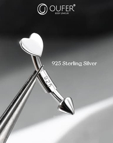 OUFER 925 Sterling Silver Rook Piercing Jewelry, Heart Eyebrow Rings, Silver Vertical Labret Lip Jewelry, Curved Barbell 16G, Rook Earrings for Women Men-8mm - Image 7