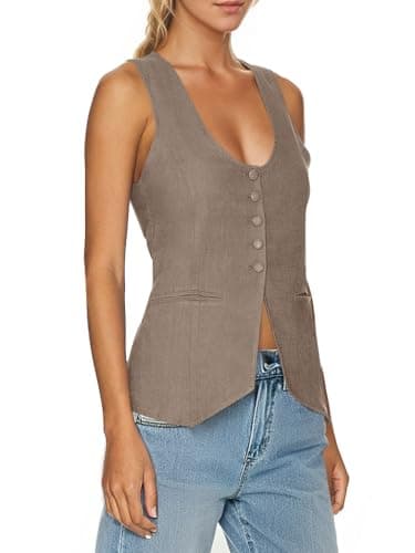 Tankaneo Womens Scoop Neck Blazer Vest Summer Linen Sleeveless Fitted Waistcoat Work Casual Cotton Suit Tops - Image 2