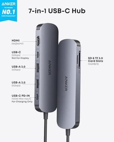 Anker USB C Hub, 7-in-1 Multi-Port USB Adapter for Laptops, 4K@60Hz USB C to HDMI Splitter, 85W Max Power Delivery, 3xUSBA & C 3.0 Data Ports, SD/TF Card, for Type C Devices (Charger Not Included) - Image 2