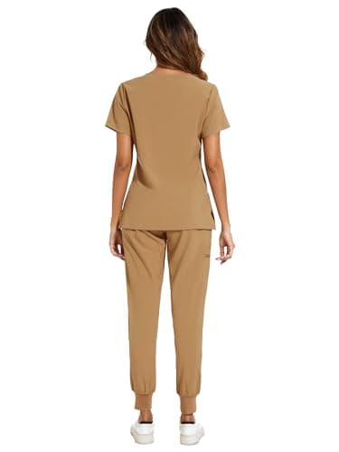 COZYFIT Scrubs for Women Set - Stretch V-Neck Scrub Top & Jogger Pant with 8 Pockets, Yoga Waistband, Anti Wrinkle, Slim Fit Women Scrubs - Khaki, XXL, Tall - Image 2
