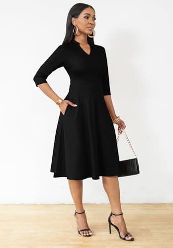 Nmoder Casual Dresses for Women Semi Formal Fit and Flare 3/4 Sleeve A-line Church Work Dress with Pockets Black L - Image 2