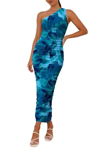 PRETTYGARDEN Women's One Shoulder Bodycon Dresses Summer 2025 Ruched Floral Beach Cocktail Wedding Guest Dress(Lake Blue Floral,Medium) - Image 1