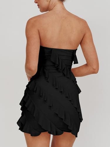 HOCILLE Women's Sexy Strapless Tube Top Bodycon Sleeveless Ruffle Mini Party Dress, Small, Black - Image 2