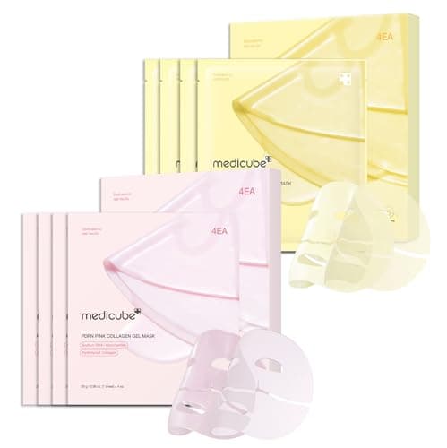 medicube Color-Changing Jelly Mask Set For Uneven Skin Tone & Radiant Glow: Salmon DNA PDRN pink collagen jelly gel mask (4ea) and Kojic Acid Turmeric Brightening Gold Jelly Gel Mask (4ea) - Image 1