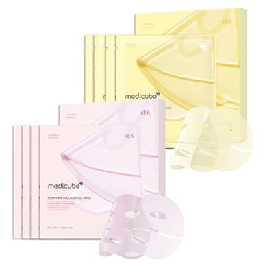 medicube Color-Changing Jelly Mask Set For Uneven Skin Tone & Radiant Glow: Salmon DNA PDRN pink collagen jelly gel mask (4ea) and Kojic Acid Turmeric Brightening Gold Jelly Gel Mask (4ea) - Image 1