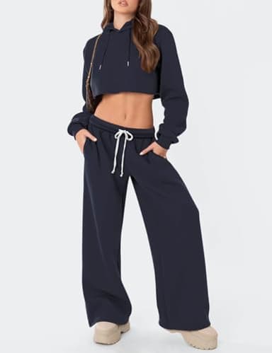 HeSaYep Women's Fleece Lined Sweatpants Wide Leg Baggy High Waisted Sweat Pants Drawstring Lounge Trousers Y2K Straight Leg Sherpa Pants Navy Blue M - Image 5