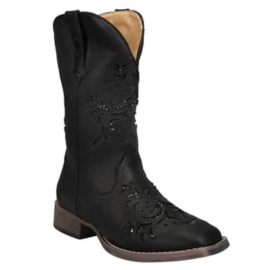 ROPER Womens Kennedy Glitter Tooled Inlay Square Toe Casual Boots Mid Calf Low Heel 1-2" - Black - Size 7.5 B - Image 2