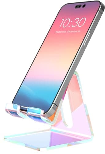 Crpich Acrylic Cell Phone Stand, Portable Phone Holder, Phone Stand for Desk, Compatible with Phone16 15 14 13 12 Pro Max Mini 11, Switch, Android Smartphone, Pad, Tablet, Iridescent Color - Image 1