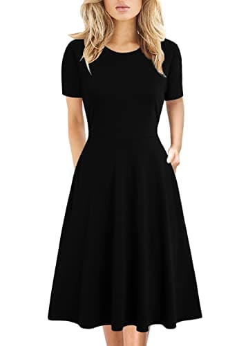 Prime Wardrobe Womens Clothing Plus Size Dress Business Vintage Round Neck Work Party Casual Pockets Dresses for Lady 162 (XXL, Black Solid) - Image 1