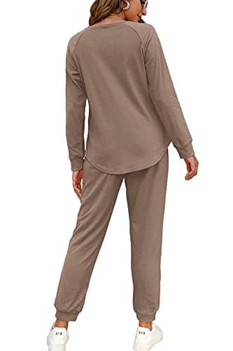 WIHOLL Two Piece Outfits for Women Autumn, V Neck Sweatshirts Tracksuit Khaki XL - Image 2