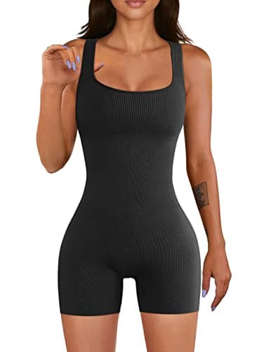 YIOIOIO Women Yoga Romper Workout Ribbed Square Neck One Piece Seamless Tank Top Jumpsuit - Image 1