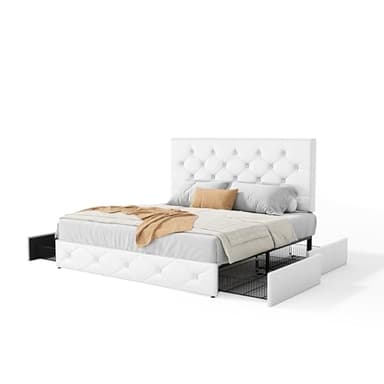 SHA CERLIN Upholstered Queen Size Platform Bed Frame with 4 Storage Drawers, Adjustable Headboard with Diamond Stitched Button Tufted Design, Wooden Slat Support, No Box Spring Needed, White - Image 8