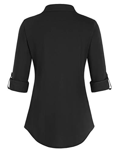 DJT Womens Soft Stretchy Knit Plaid Shirts Roll Up Long Sleeve Collared Button Down Blouses Tops X-Large Solid Black - Image 3