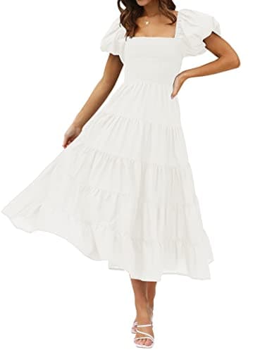 ZESICA Women's 2025 Summer Square Neck Short Puff Sleeve Solid Color High Waist Casual Smocked Flowy A Line Tiered Midi Dress,White,XX-Large - Image 1