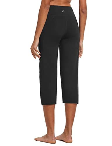 baleaf Yoga Pants for Women Capris High Waist Leggings with Pockets Wide Leg Exercise Workout Crop Straight Open Bottom Black L - Image 3
