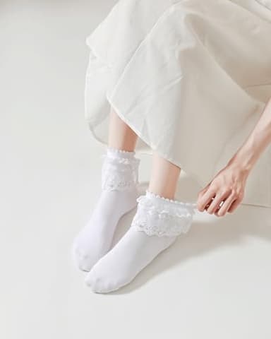 YASIDI Women Lace Ruffle Frilly Ankle Socks with Pearl Lace (Cotton, White-3 Pairs) - Image 2