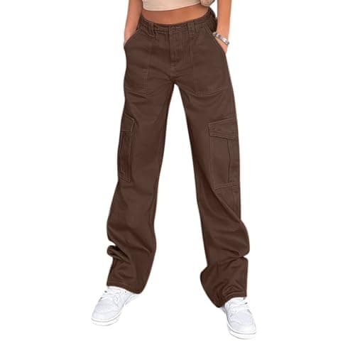 Women's High Waist Jogger Pants Casual Cargo Elastic Waistband Sweatpants Dark Brown - Image 1