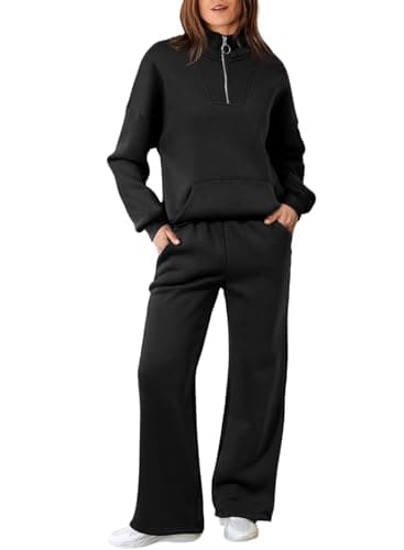 Aleumdr Two Piece Sets for Women Sweatsuit Tracksuits Zip Up Sweatshirt Fleeced Wide Leg Sweatpants 2025 Fall Athleisure Sweat Matching Sets Women Clothing Cotton Lounge Sets Black X-Large - Image 1