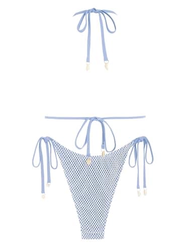 ZAFUL Women's Triangle Bikini Multiway Fishnet Tie Side Bandeau Halter String Bikini Set Two Piece Swimsuit Bathing Suits (1-Light Blue, Small) - Image 2