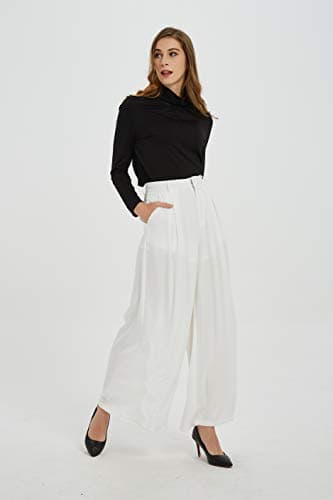 Tronjori Women High Waist Casual Wide Leg Long Palazzo Pants Trousers Regular Size(L,Ivory White) - Image 3