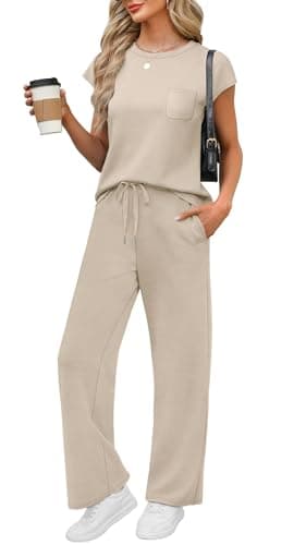 WIHOLL Vacation Outfits for Women 2 Piece Sets Crew Neck Summer Lounge Set Womens Loungewear Cruise Airport Outfits Beach Vacation Clothes Wide Leg Pants Resort Comfy Sets for Women Clothing Beige L - Image 1