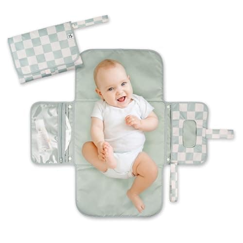 Tiny Twinkle Portable Diaper Changing Pad-Foldable Waterproof Changing Mat&Portable Changing Pad for Travel,Baby Changing Station with Smart Wipes Pocket&Storage (Sage Checkers) - Image 1