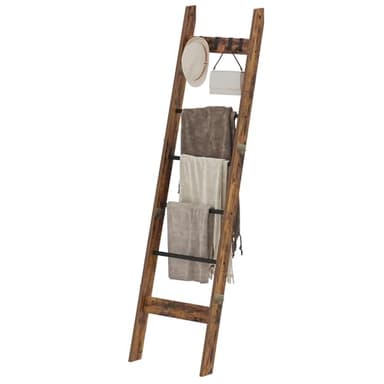 Hzuaneri Blanket Ladder for Living Room, Decorative Quilt Rack with 4 Removable Hooks, 5-Tier Farmhouse Ladder Holder Shelf Organizer for Bedroom, Rustic Brown and Black BR31501B - Image 8