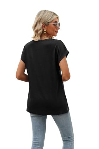 Black Tops for Women Short Sleeve Summer Cute Tops Sleeveless Tank Tops V Neck Loose Fit Shirts Black L - Image 4