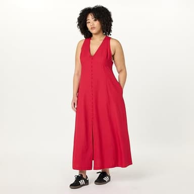 The Drop Women’s Blanca Linen Button Front V-Neck Maxi Dress, Crimson, S - Image 5
