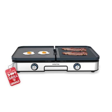 Gourmia 3-in-1 Indoor Grill/Griddle Electric Combo - 250-400°F Adjustable Dual Cooking Zones with Removable Nonstick Reversible Ceramic Plates - Non Toxic Dishwasher Safe Countertop Kitchen Appliances - Image 1