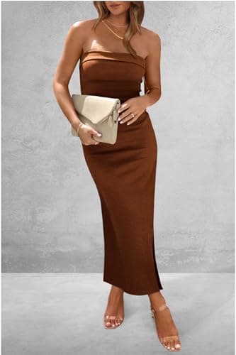 PRETTYGARDEN Women's Summer Bodycon Maxi Tube Dress Ribbed Strapless Side Slit Long Going Out Casual Elegant Party Dresses (Brown,Medium) - Image 4