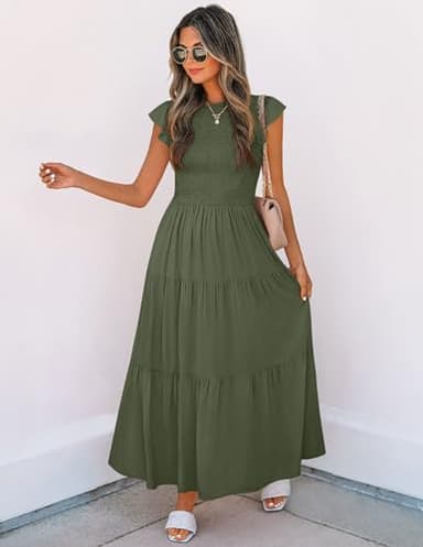 ZESICA Women's 2025 Summer Casual Flutter Short Sleeve Crew Neck Smocked Elastic Waist Tiered Midi Dress,Army Green,Medium - Image 5