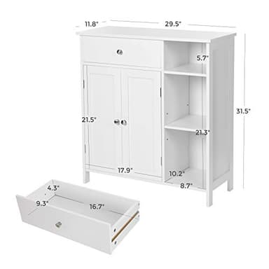 VASAGLE Bathroom Floor Cabinet, Freestanding Storage Cabinet with Drawer, 3 Open Compartments, Adjustable Shelves, 11.8 x 29.5 x 31.5 Inches, White UBBC142W01 - Image 3