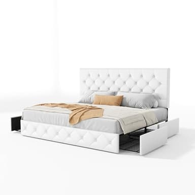 SHA CERLIN Upholstered King Size Platform Bed Frame with 4 Storage Drawers, Adjustable Headboard with Diamond Stitched Button Tufted Design, Wooden Slat Support, No Box Spring Needed, White - Image 8