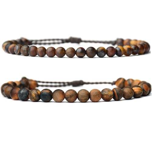 2 Pcs Natural Gemstone Beaded（4mm/6mm）Healing Jewelry，Handmade Adjustable Bracelet for Man Women,Matching Bead Couple Bracelets for Boyfriend Girlfriend (Tiger-eye（Matte) - Image 1