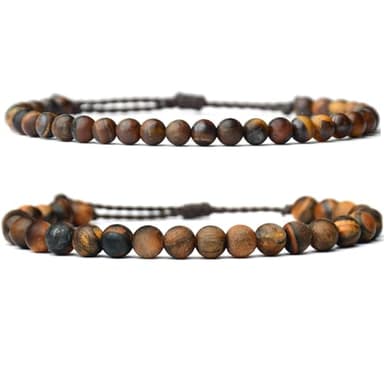 2 Pcs Natural Gemstone Beaded（4mm/6mm）Healing Jewelry，Handmade Adjustable Bracelet for Man Women,Matching Bead Couple Bracelets for Boyfriend Girlfriend (Tiger-eye（Matte) - Image 1
