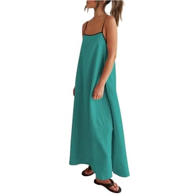 Shy Velvet Women's 2025 Summer Linen Maxi Dress Contrast Spaghetti Strap Dress Backless Sleeveless Casual Party Beach Dresses Turquoise - Image 6